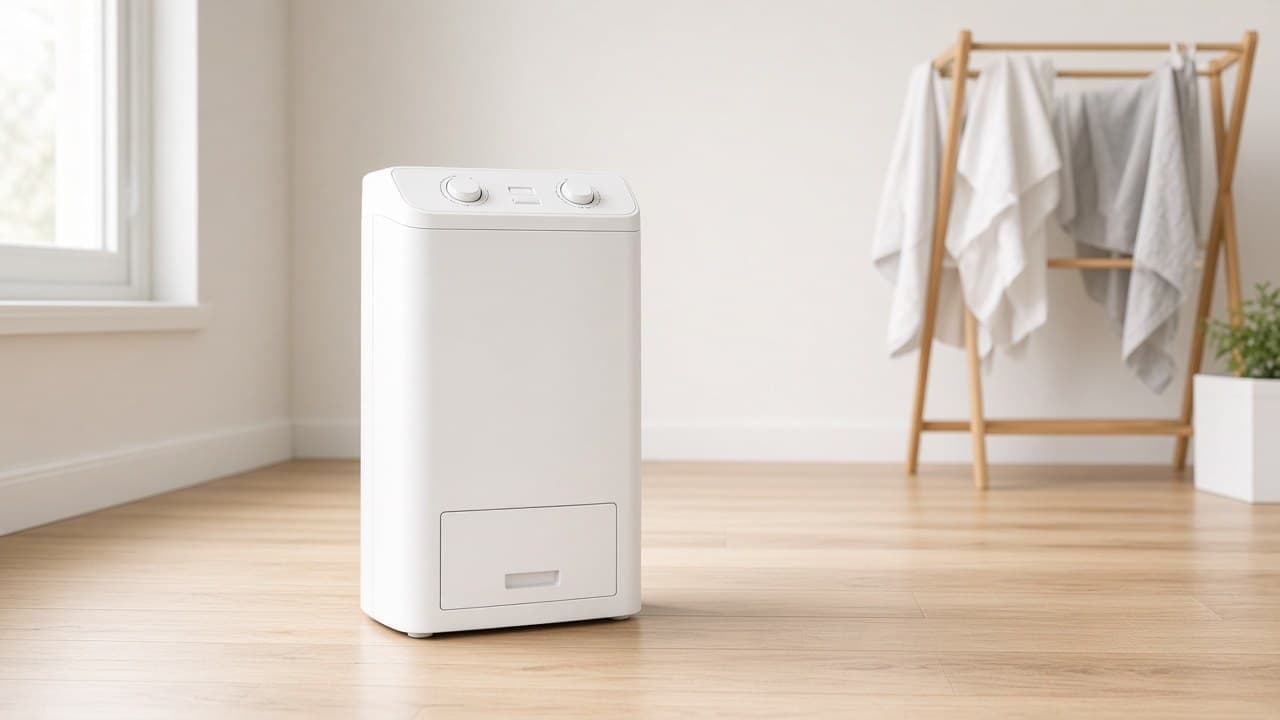 White compact desiccant dehumidifier in a bright utility room beside an indoor clothes airer