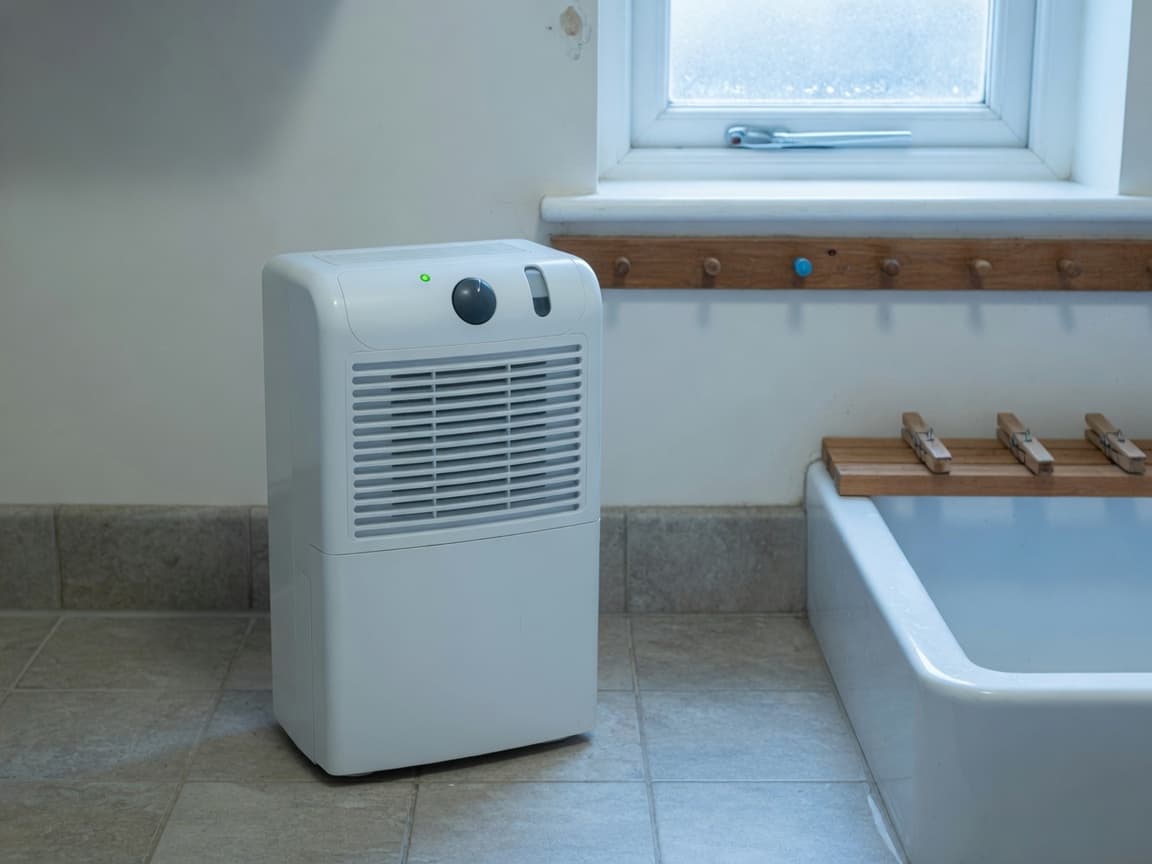 Slim white desiccant dehumidifier on tiled flooring in a cooler UK utility space beside a Belfast sink