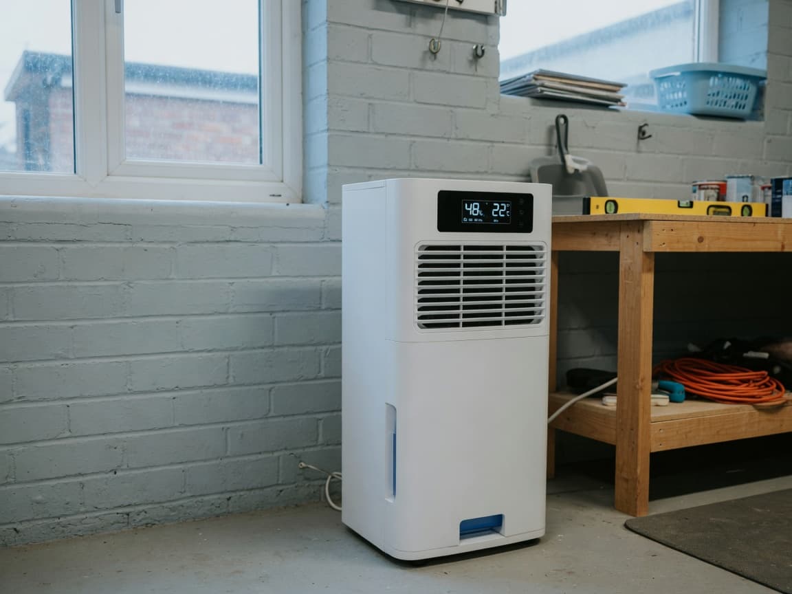 Larger white desiccant dehumidifier in a cooler painted-brick utility room