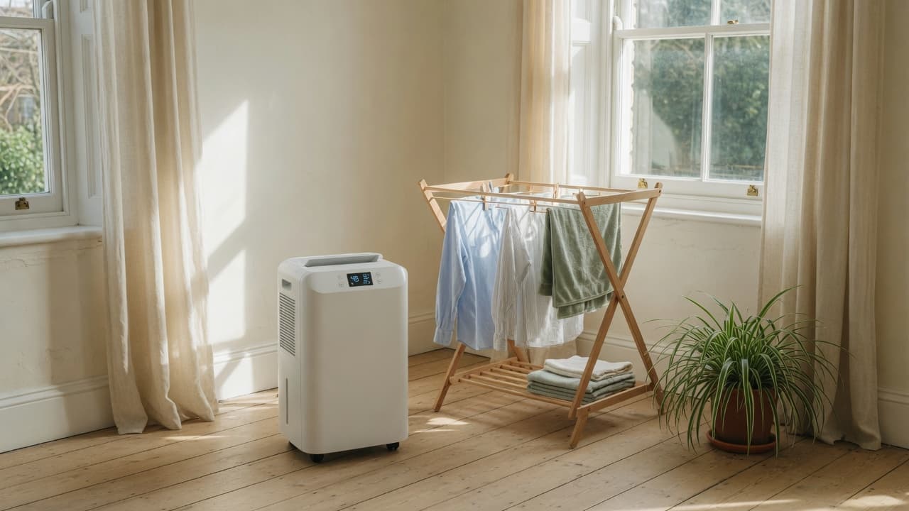 A white dehumidifier standing beside a wooden indoor laundry airer in a bright sitting room