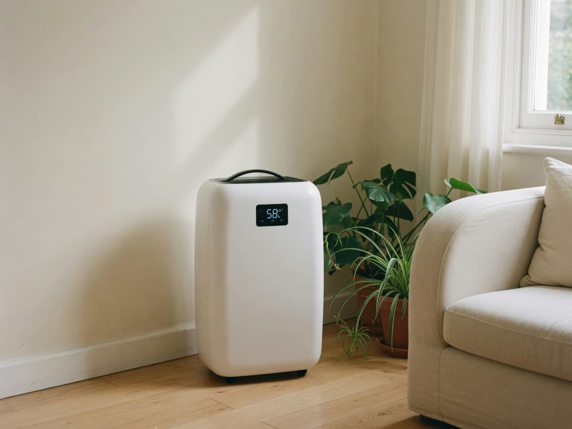 White Meaco-style compressor dehumidifier in a bright living room corner beside houseplants