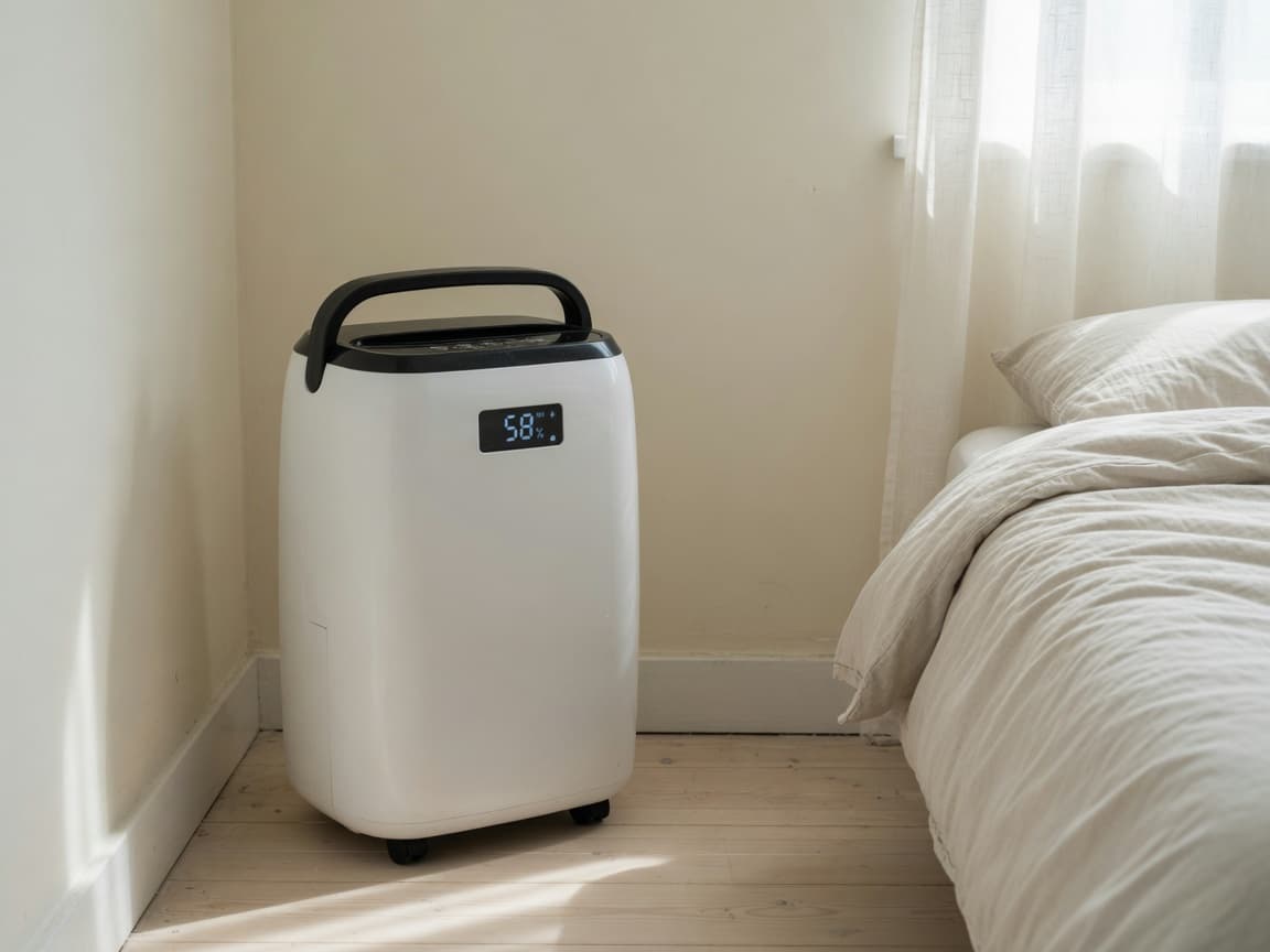White compressor dehumidifier with a black handle in a calm bedroom corner