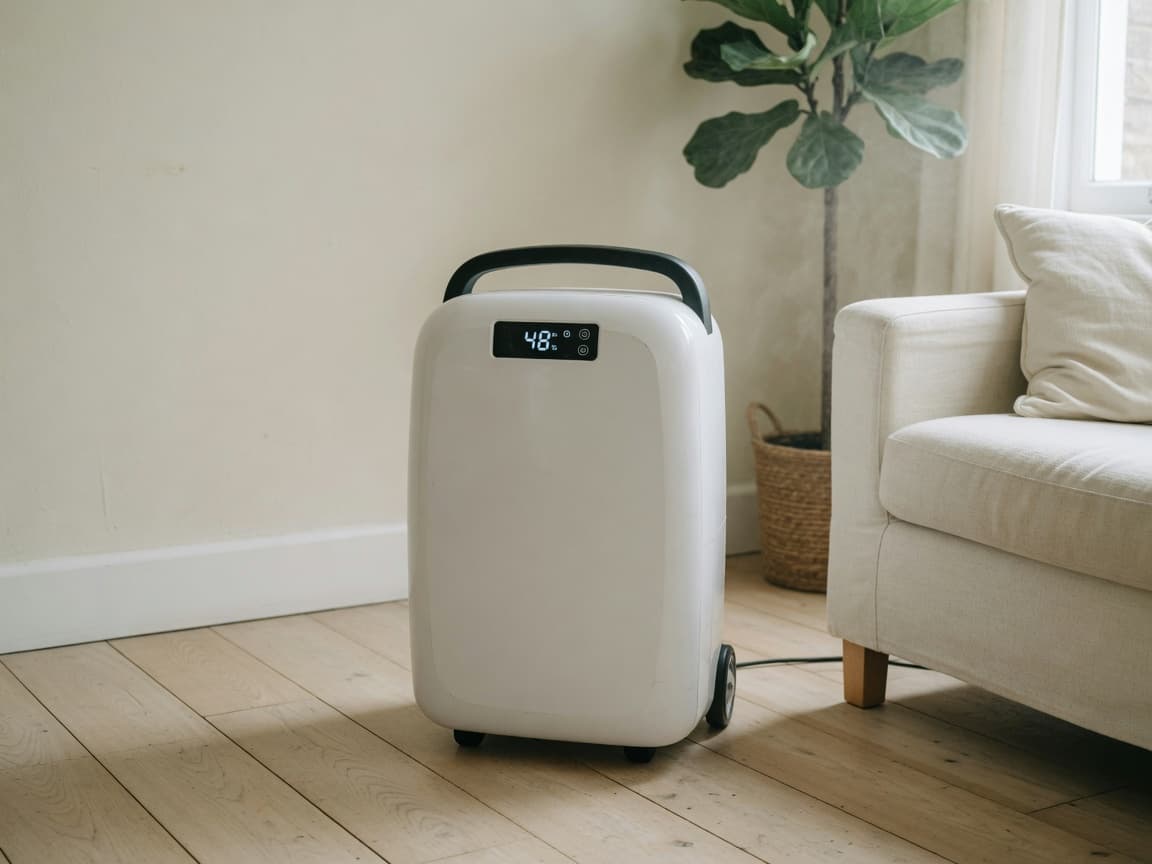 Larger white compressor dehumidifier with a black handle in an open living space