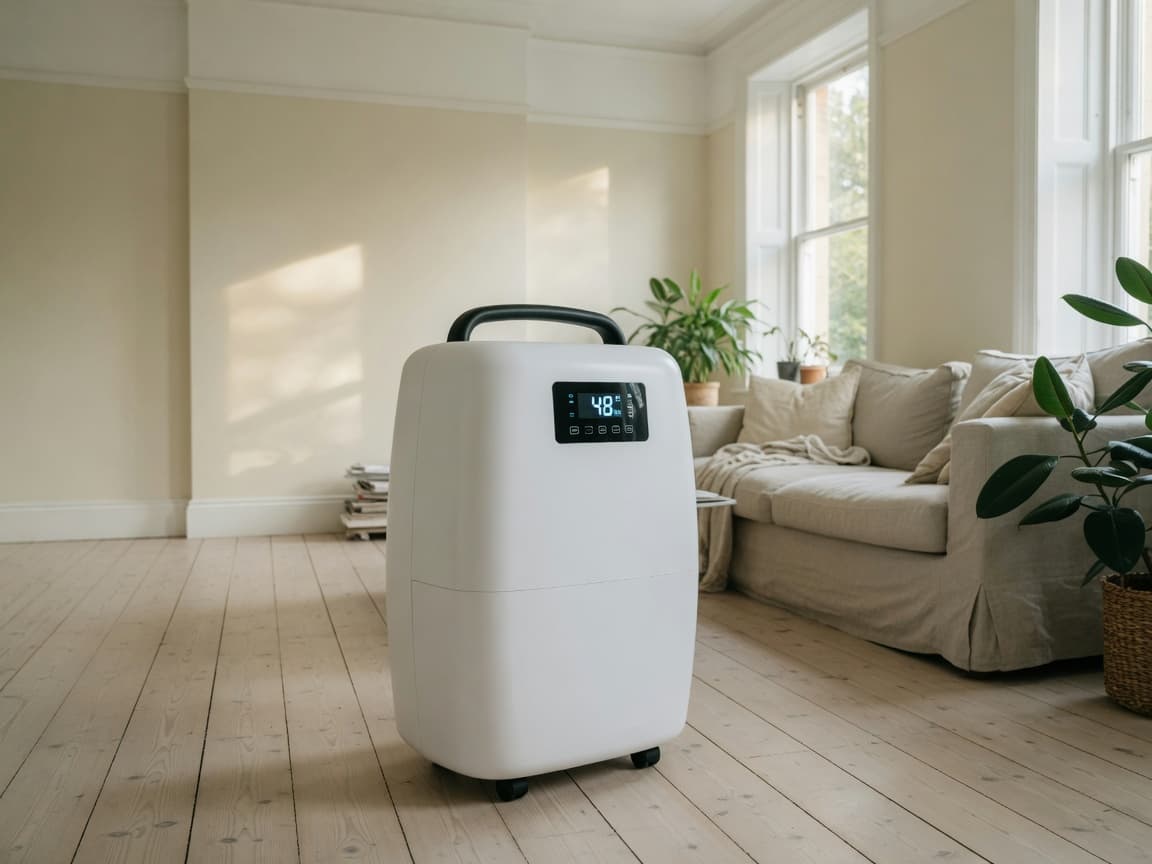 Large white compressor dehumidifier in a spacious bright living room