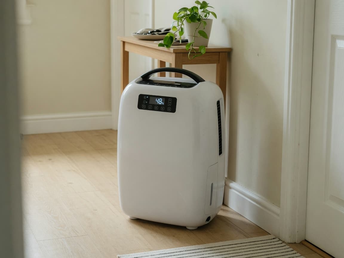 White Wi-Fi compressor dehumidifier with a wider control panel in a bright hallway