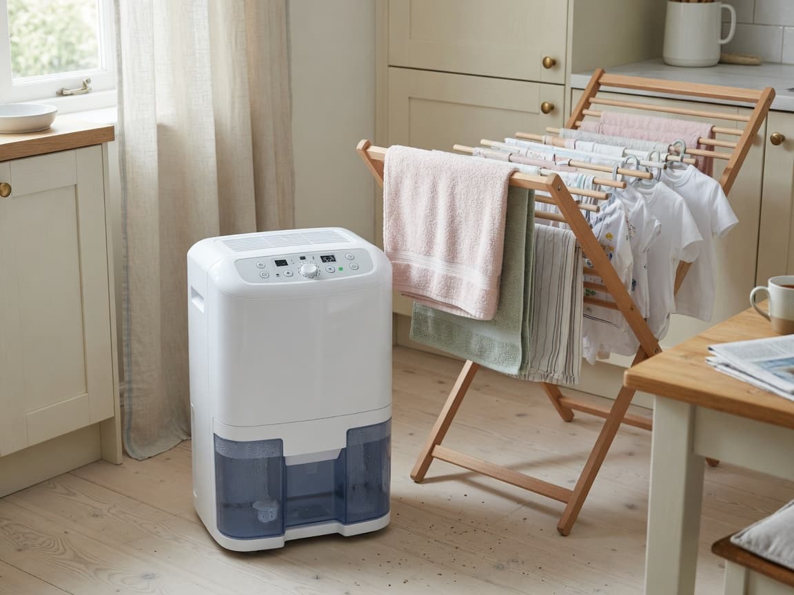 Larger white compressor dehumidifier with a visible water tank beside indoor laundry in a bright kitchen