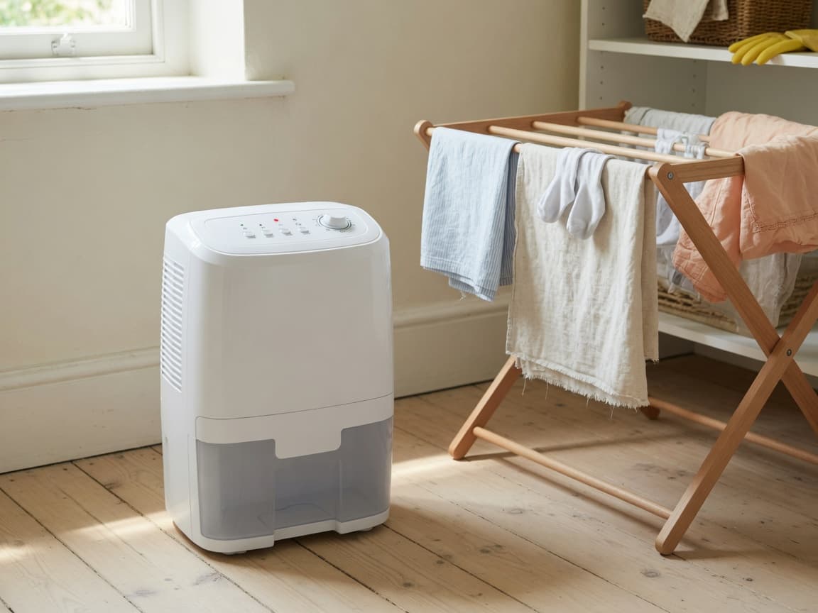 White compressor dehumidifier beside a wooden laundry airer in a bright utility corner