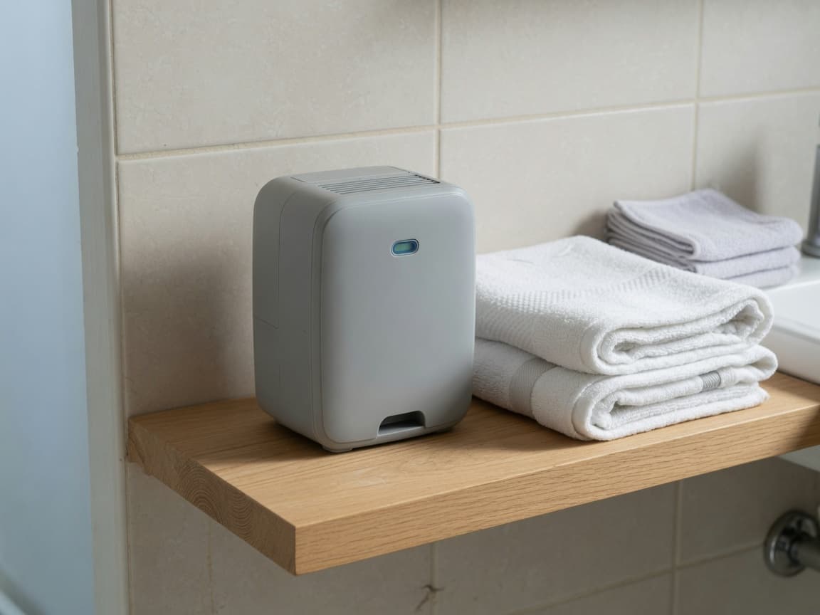 Compact grey mini dehumidifier on a light oak bathroom shelf beside folded towels